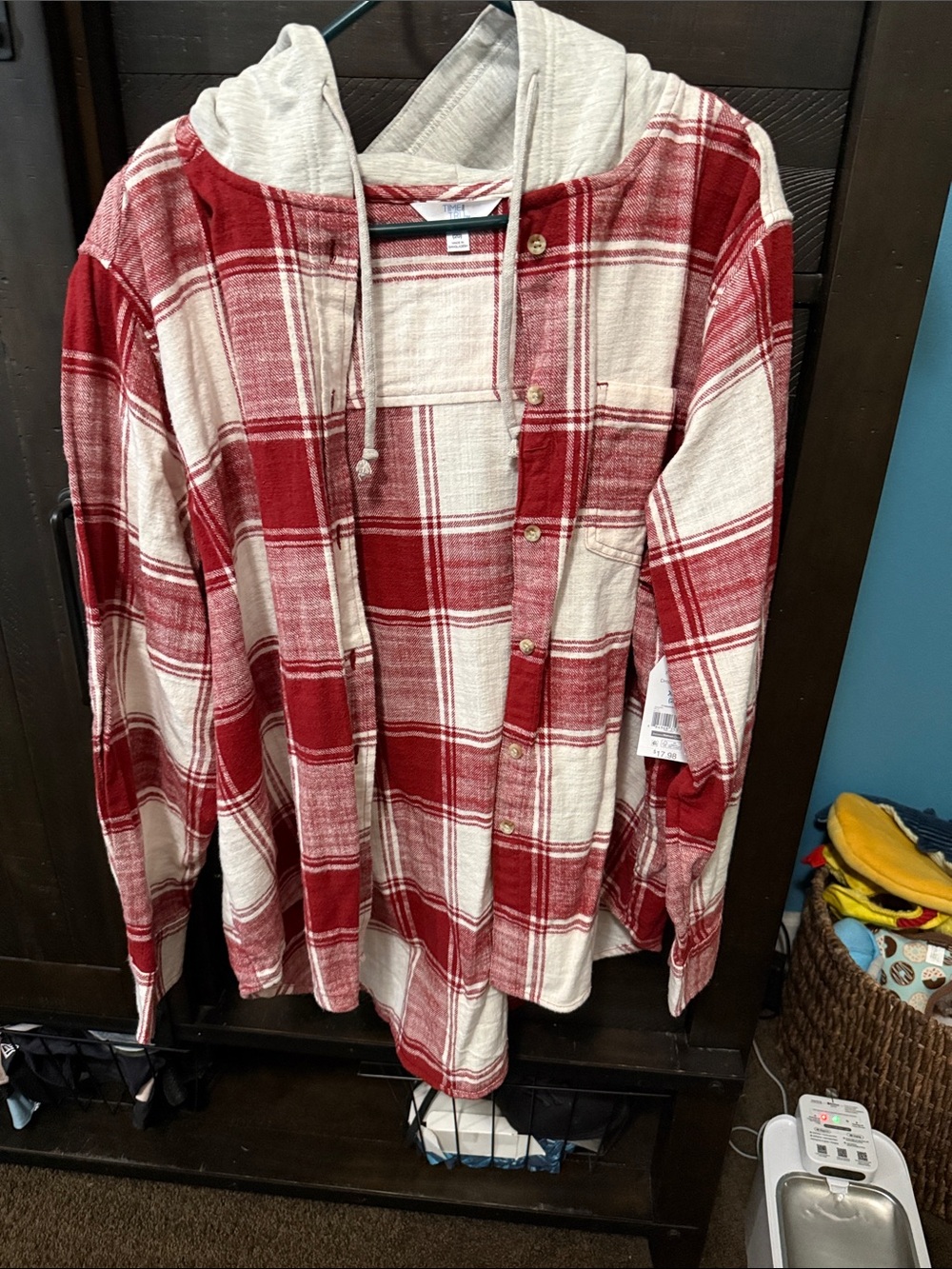 Time and Tru Red and Cream Plaid Button-Down Hoodie Shirt
